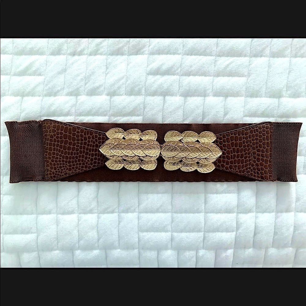 BCBG Stretch Wide Waist Belt, Gold Leaf Detail